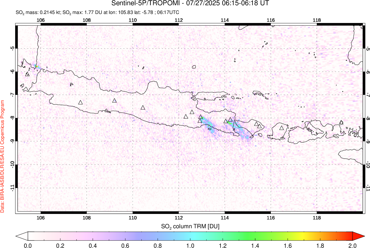 A sulfur dioxide image over Java, Indonesia on Jul 27, 2025.