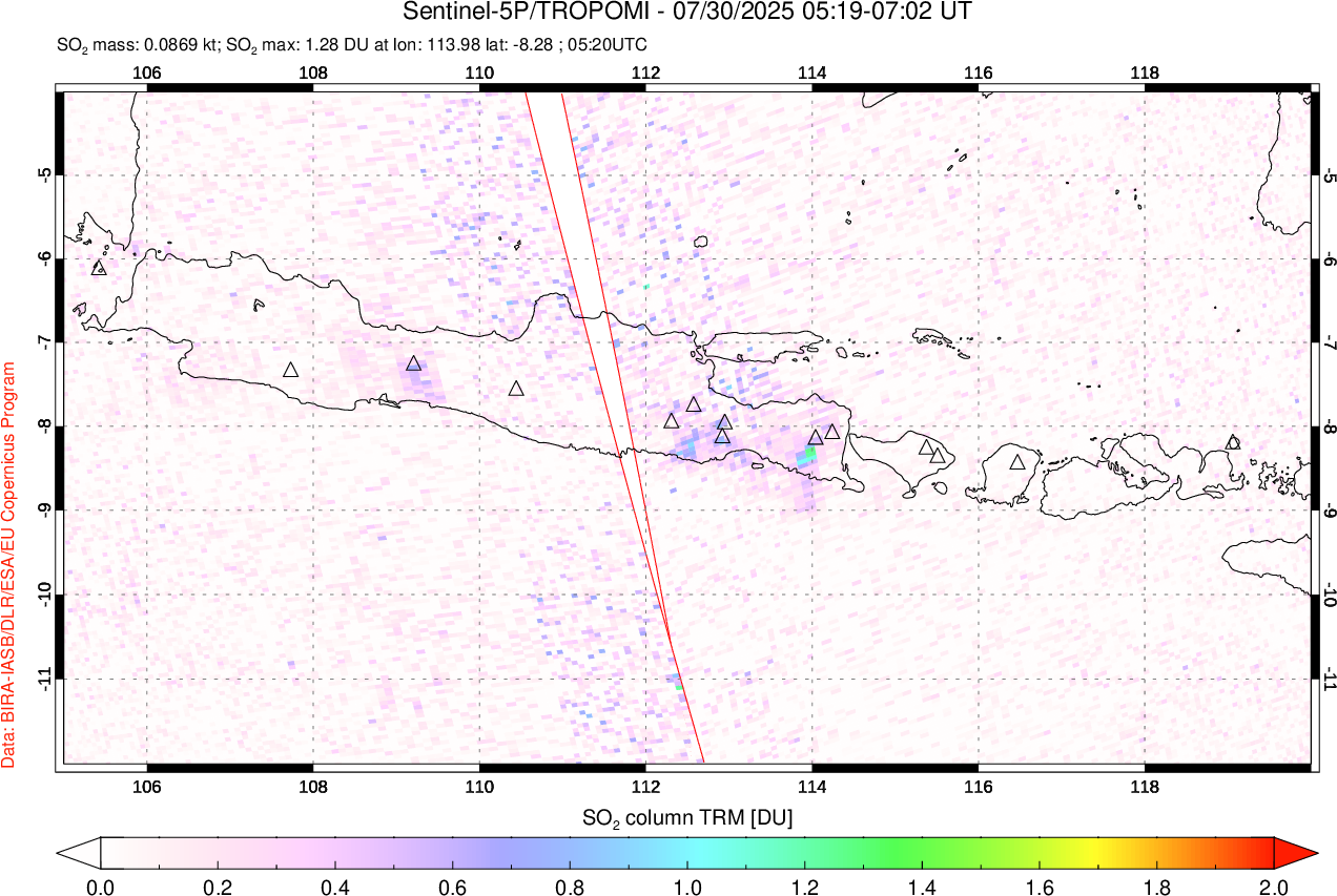 A sulfur dioxide image over Java, Indonesia on Jul 30, 2025.
