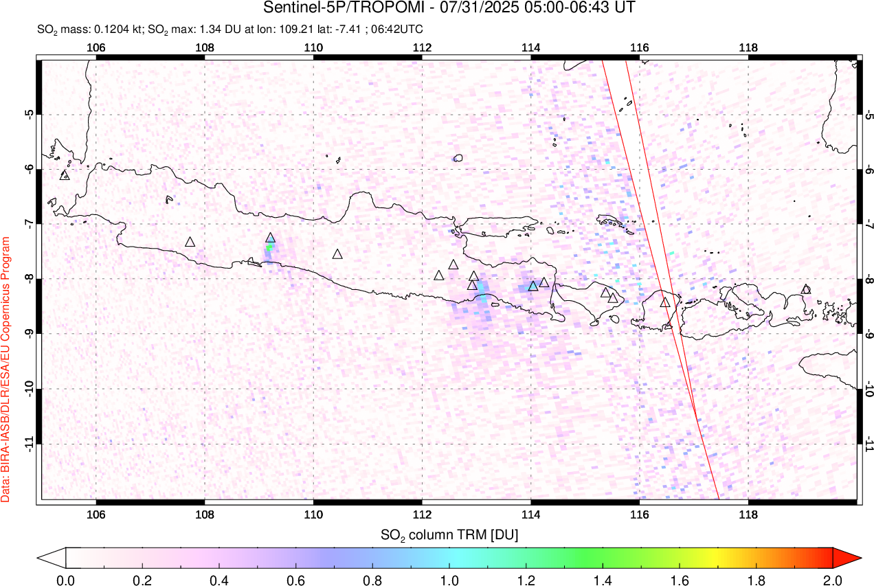 A sulfur dioxide image over Java, Indonesia on Jul 31, 2025.
