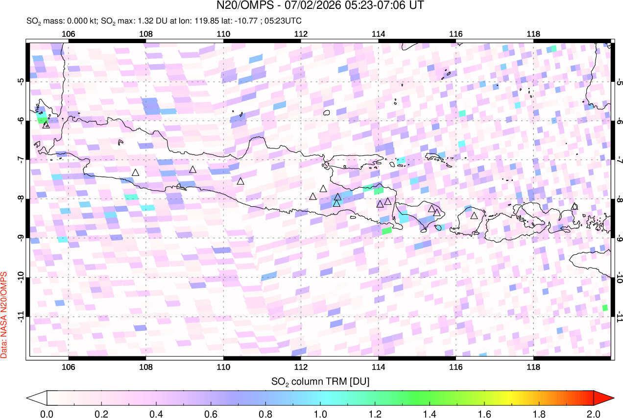 A sulfur dioxide image over Java, Indonesia on Jul 02, 2026.