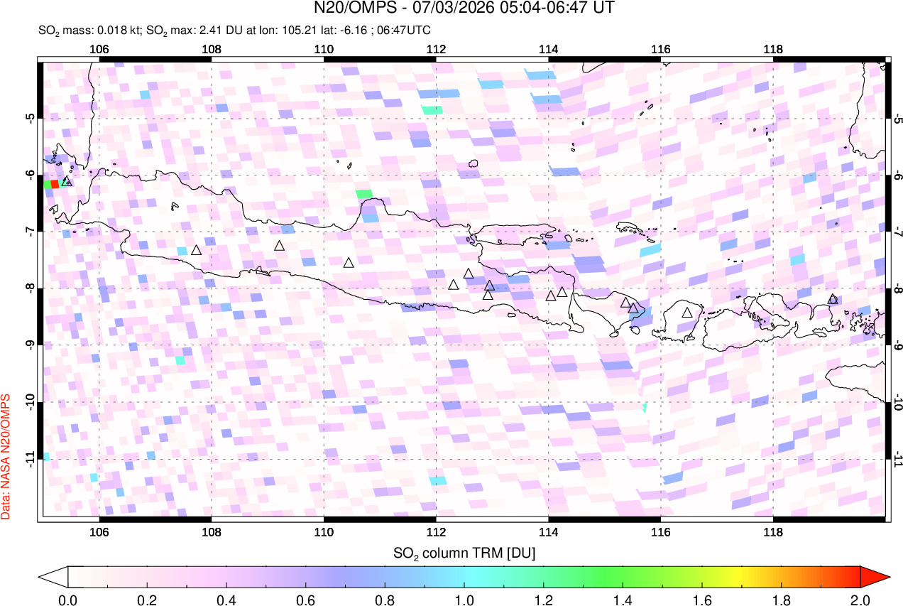 A sulfur dioxide image over Java, Indonesia on Jul 03, 2026.