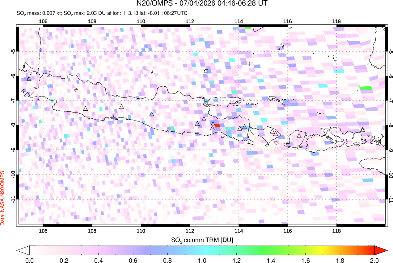 A sulfur dioxide image over Java, Indonesia on Jul 04, 2026.