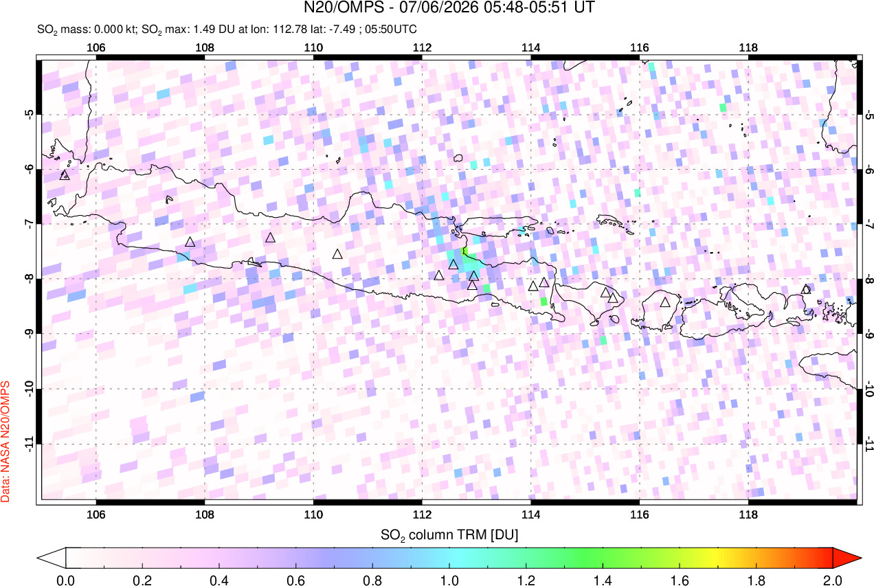 A sulfur dioxide image over Java, Indonesia on Jul 06, 2026.