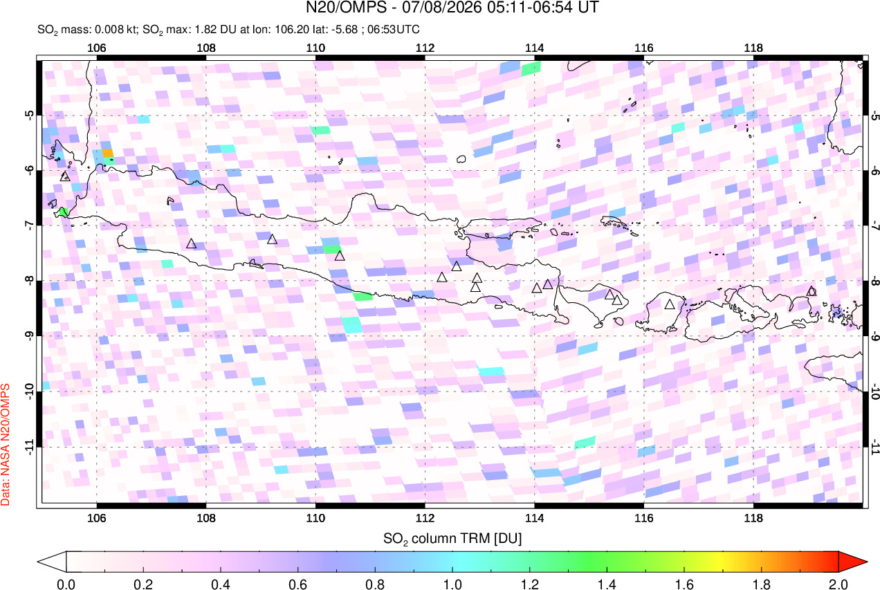 A sulfur dioxide image over Java, Indonesia on Jul 08, 2026.