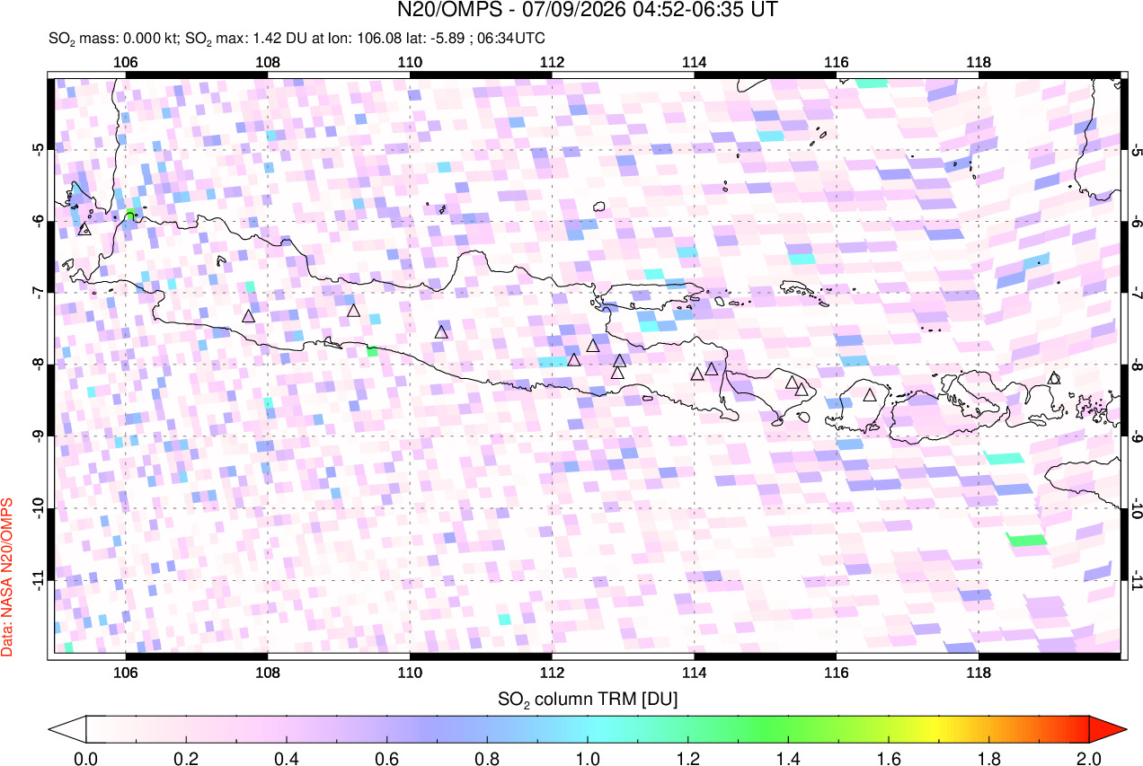 A sulfur dioxide image over Java, Indonesia on Jul 09, 2026.