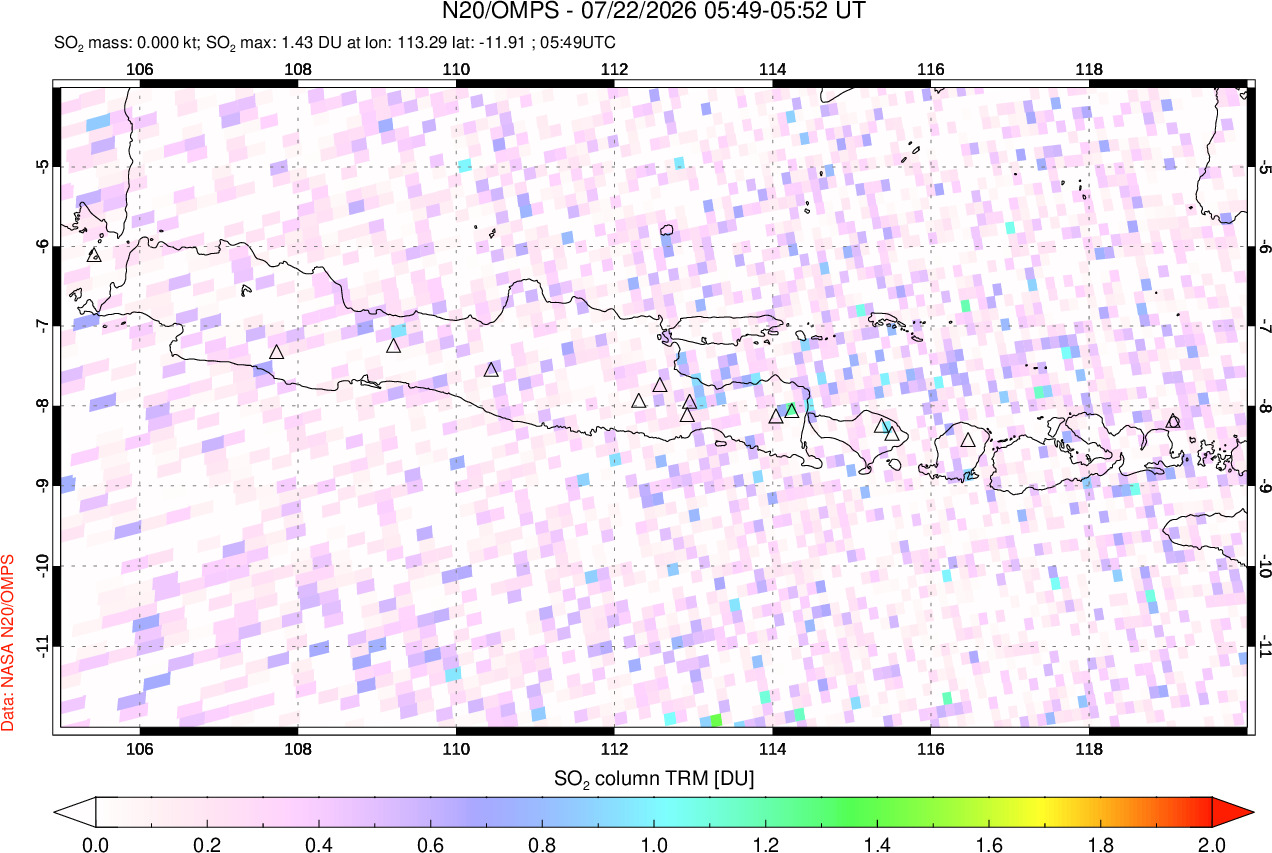 A sulfur dioxide image over Java, Indonesia on Jul 22, 2026.