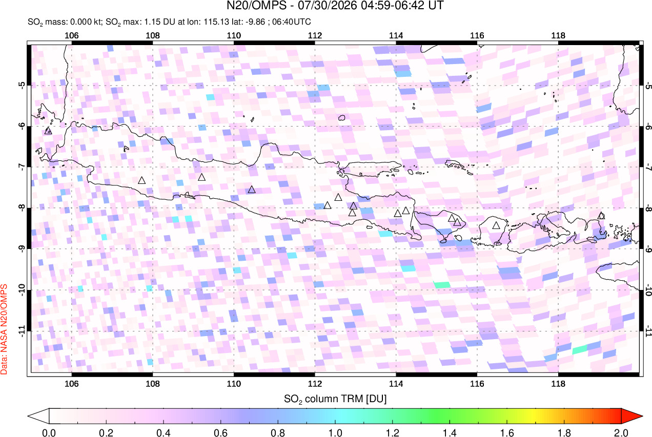 A sulfur dioxide image over Java, Indonesia on Jul 30, 2026.