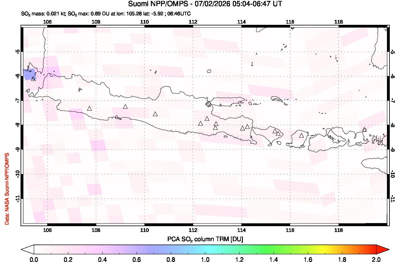A sulfur dioxide image over Java, Indonesia on Jul 02, 2026.