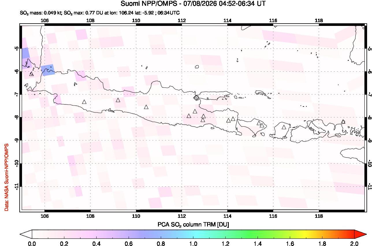 A sulfur dioxide image over Java, Indonesia on Jul 08, 2026.