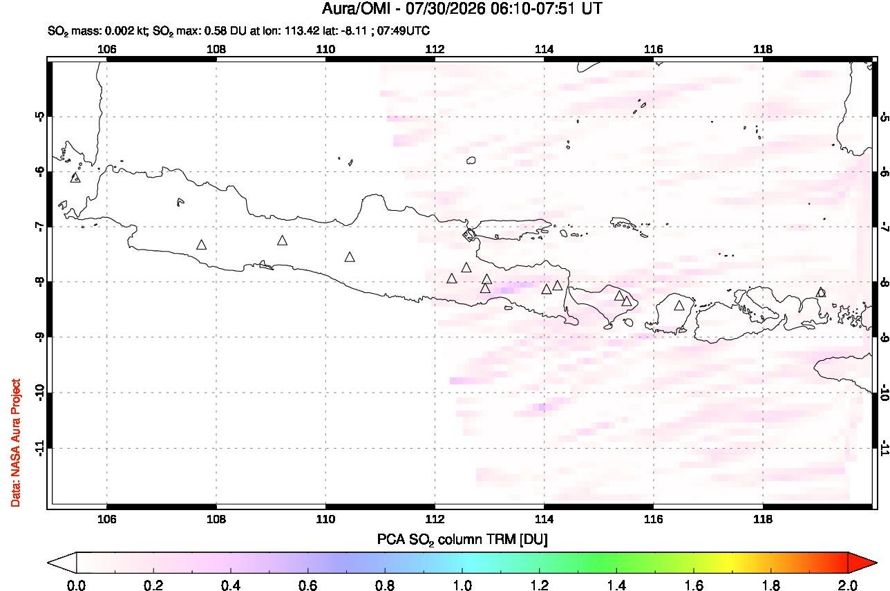 A sulfur dioxide image over Java, Indonesia on Jul 30, 2026.
