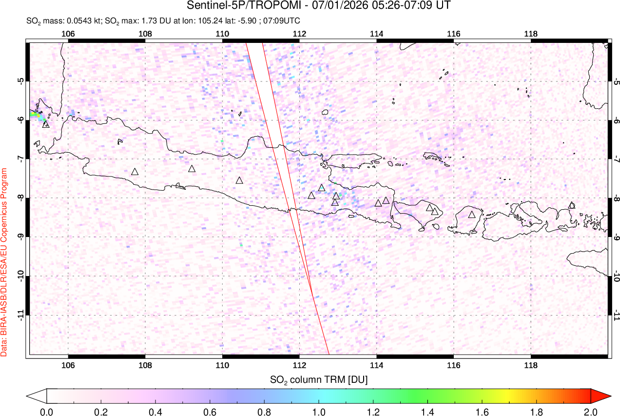 A sulfur dioxide image over Java, Indonesia on Jul 01, 2026.