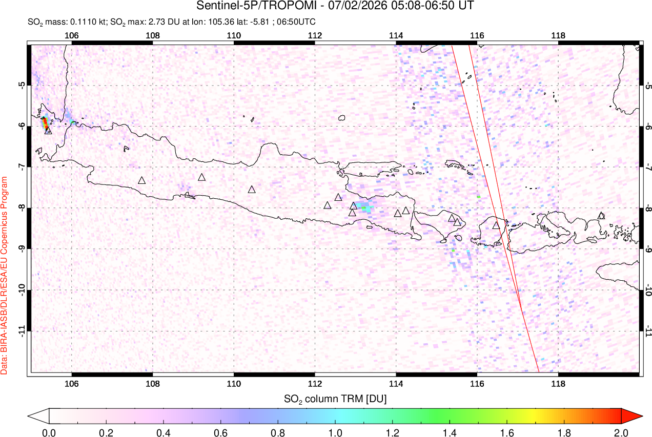 A sulfur dioxide image over Java, Indonesia on Jul 02, 2026.