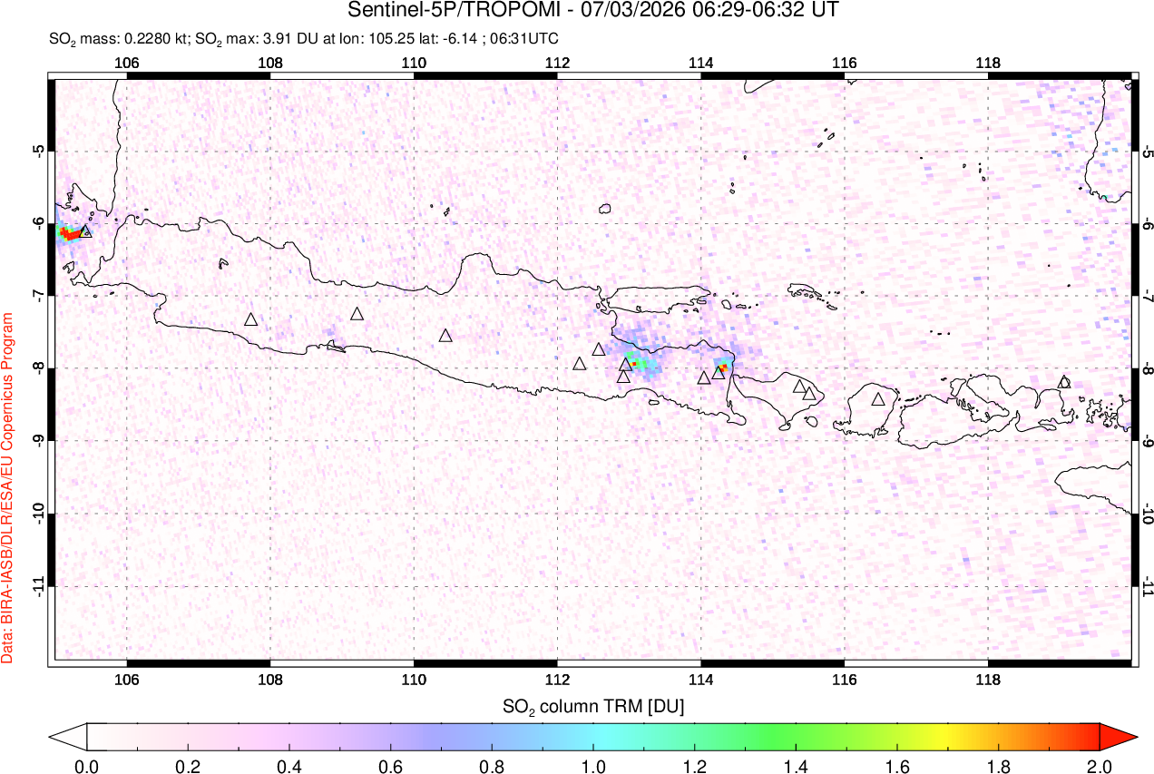 A sulfur dioxide image over Java, Indonesia on Jul 03, 2026.