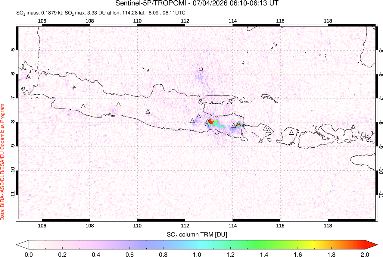 A sulfur dioxide image over Java, Indonesia on Jul 04, 2026.