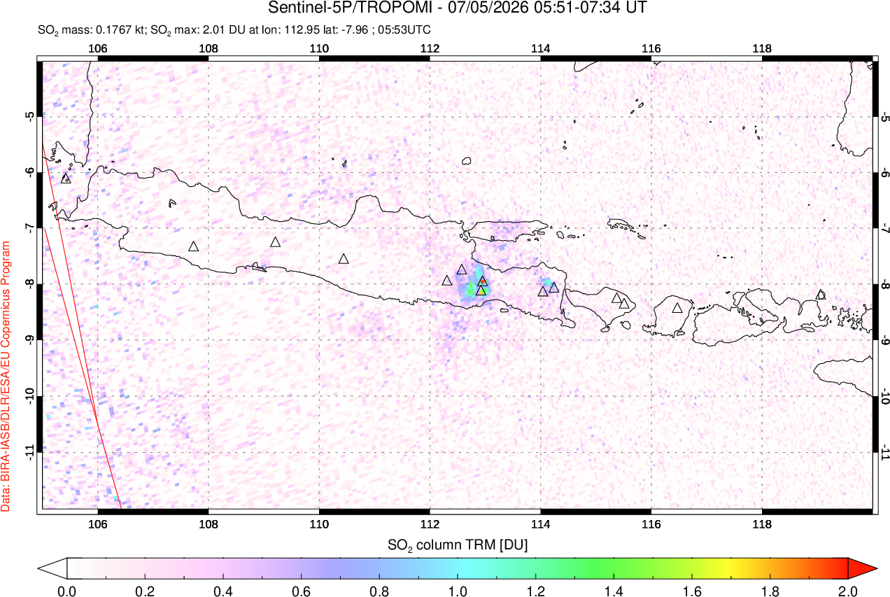 A sulfur dioxide image over Java, Indonesia on Jul 05, 2026.