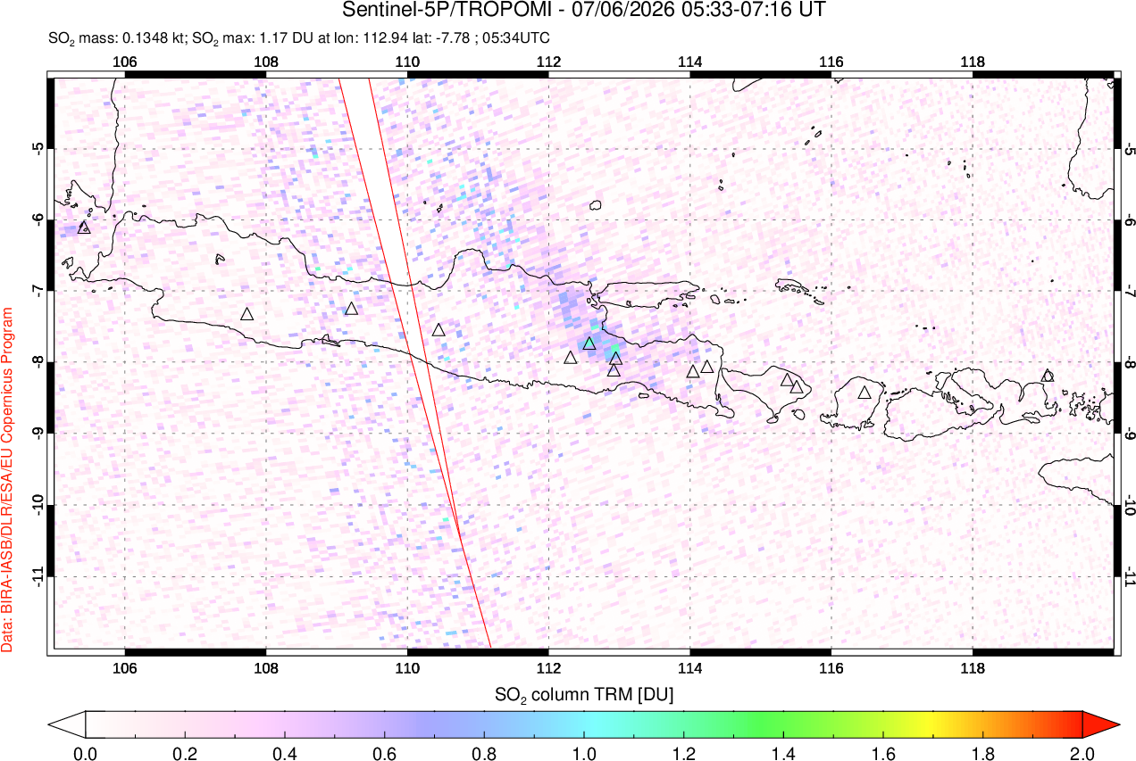 A sulfur dioxide image over Java, Indonesia on Jul 06, 2026.