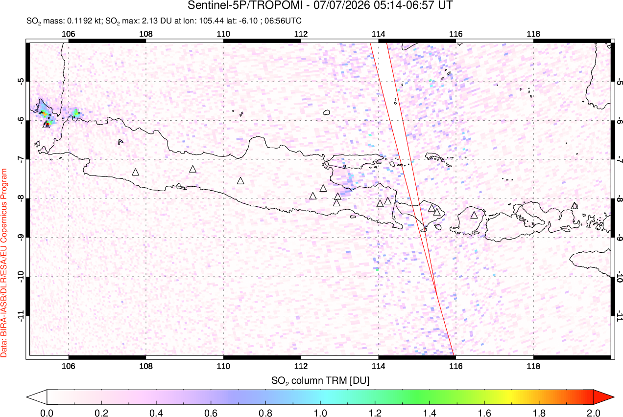 A sulfur dioxide image over Java, Indonesia on Jul 07, 2026.