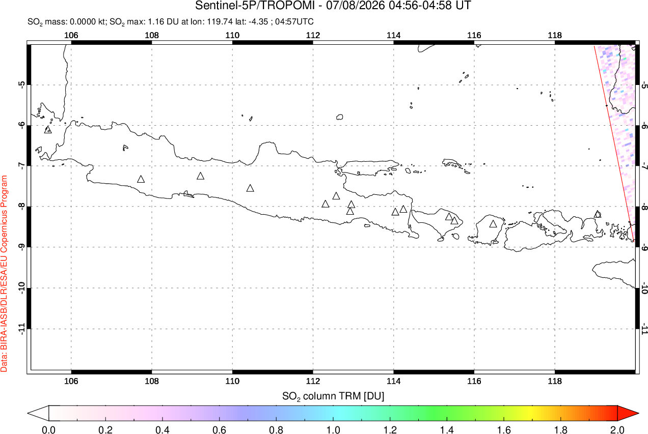 A sulfur dioxide image over Java, Indonesia on Jul 08, 2026.