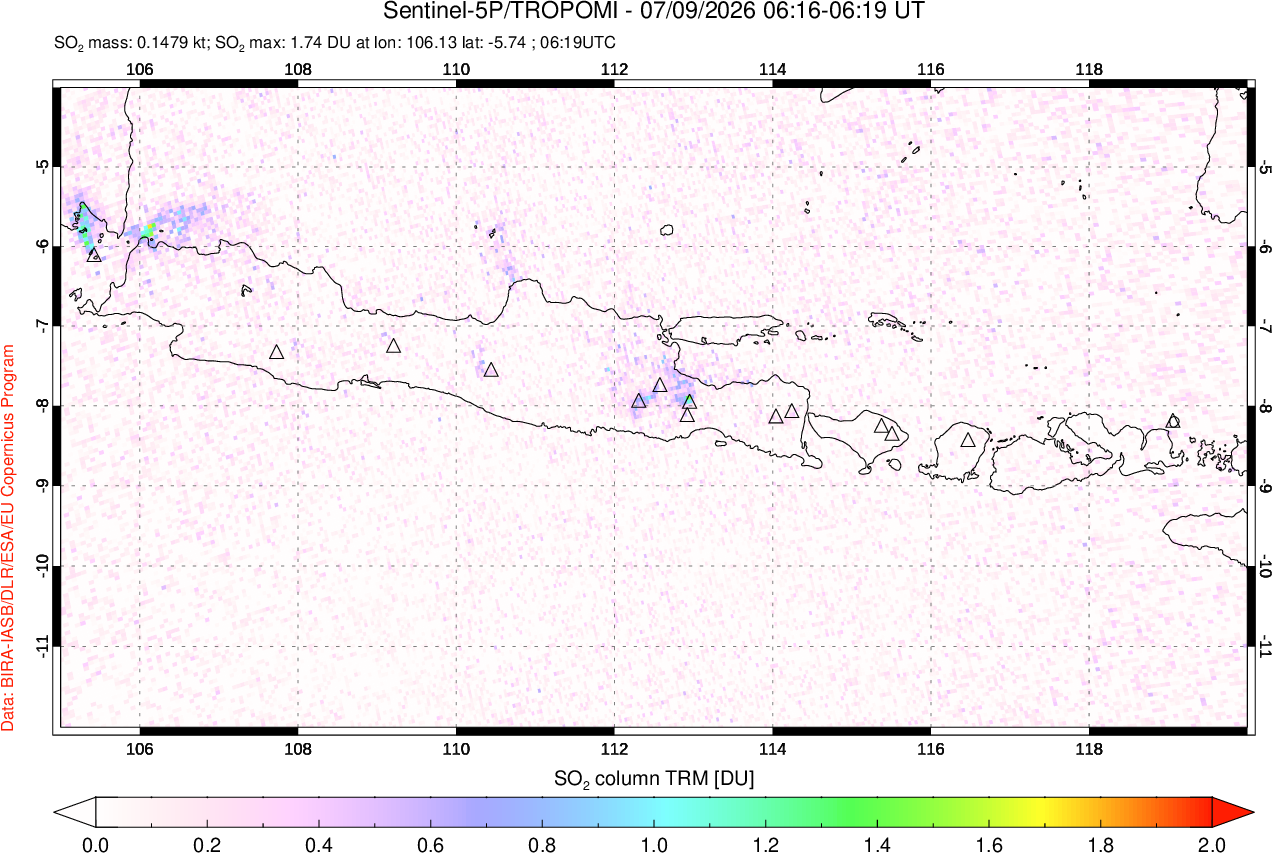 A sulfur dioxide image over Java, Indonesia on Jul 09, 2026.