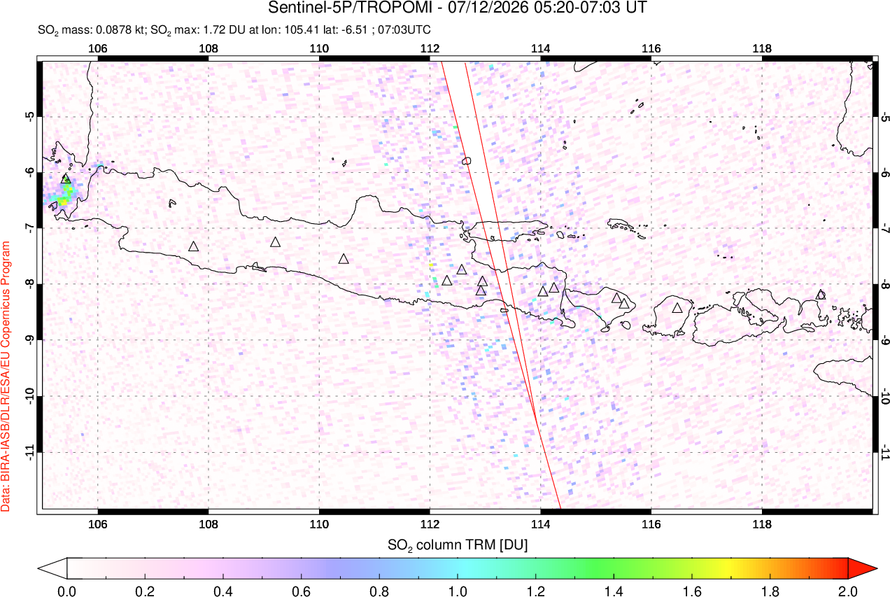 A sulfur dioxide image over Java, Indonesia on Jul 12, 2026.