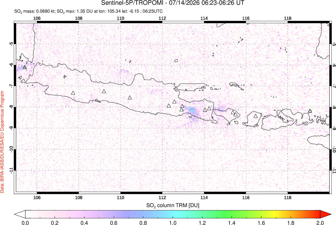 A sulfur dioxide image over Java, Indonesia on Jul 14, 2026.