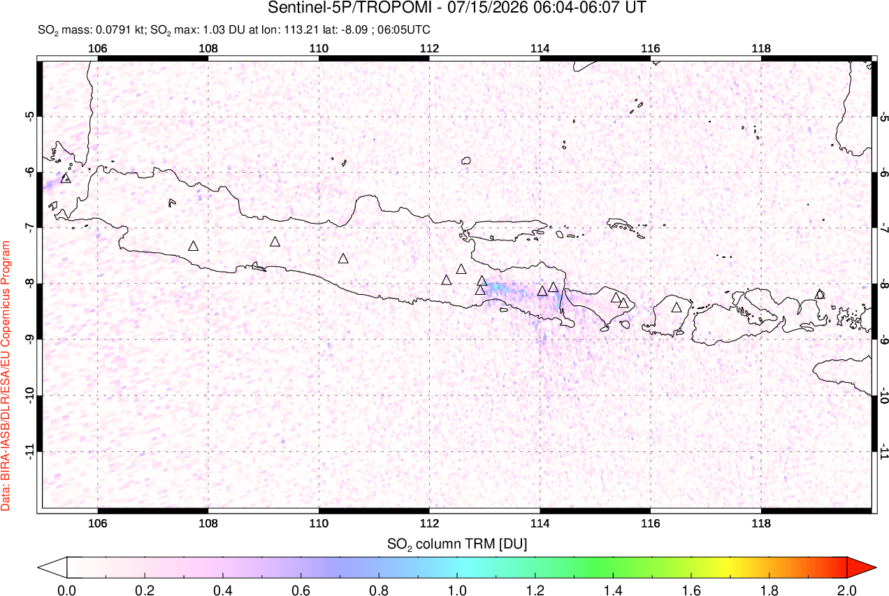 A sulfur dioxide image over Java, Indonesia on Jul 15, 2026.