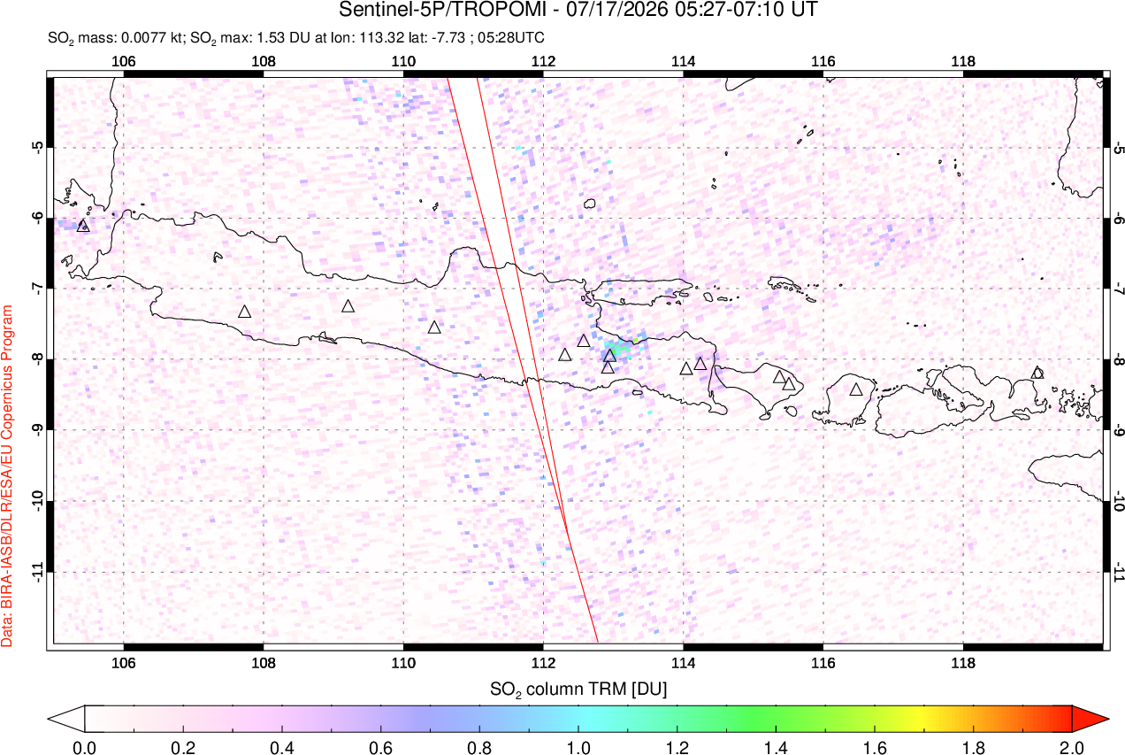 A sulfur dioxide image over Java, Indonesia on Jul 17, 2026.