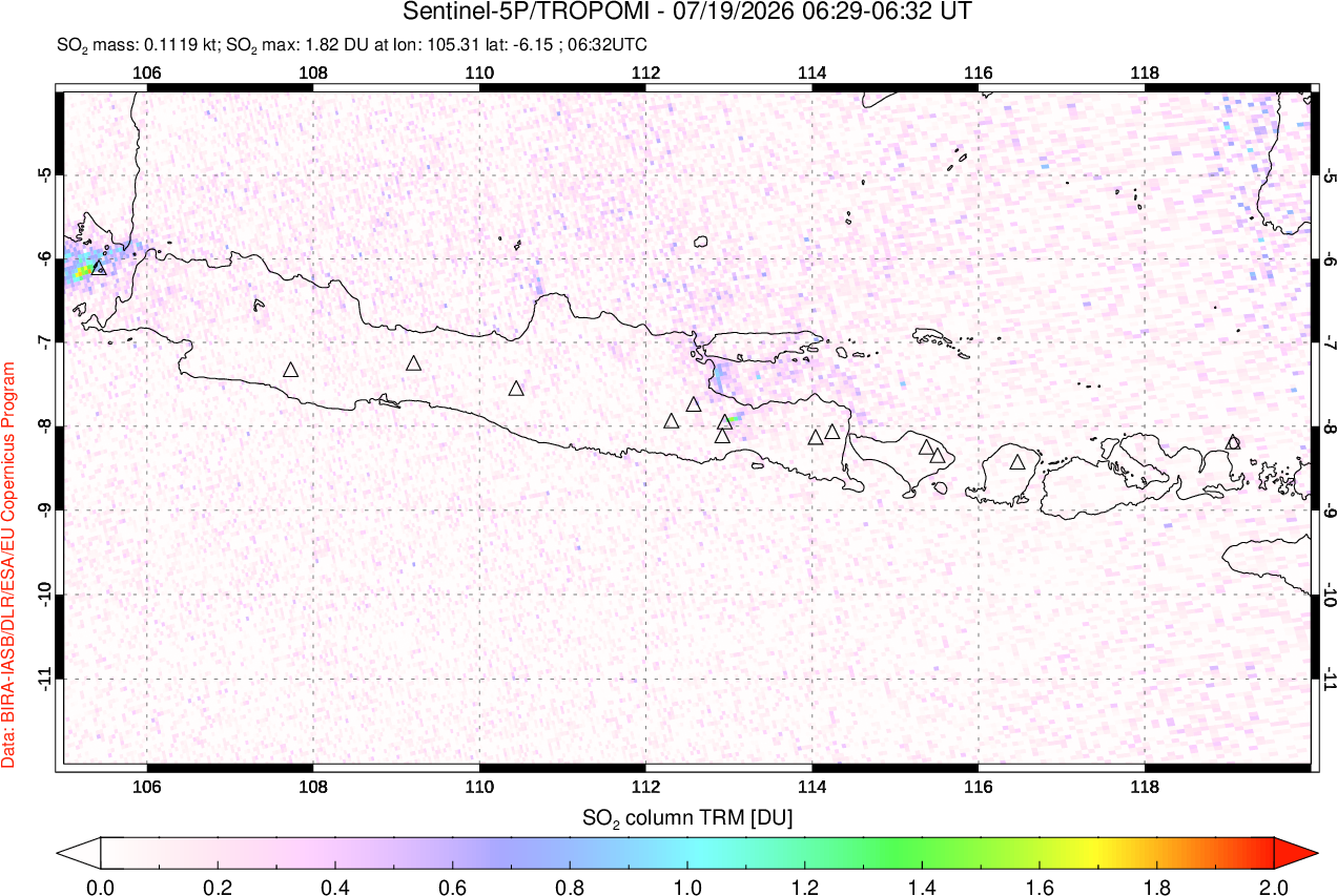 A sulfur dioxide image over Java, Indonesia on Jul 19, 2026.