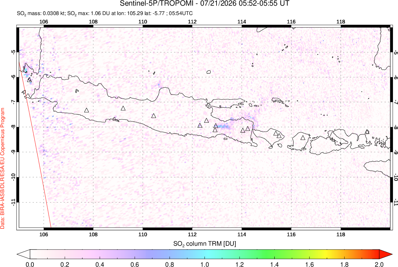 A sulfur dioxide image over Java, Indonesia on Jul 21, 2026.