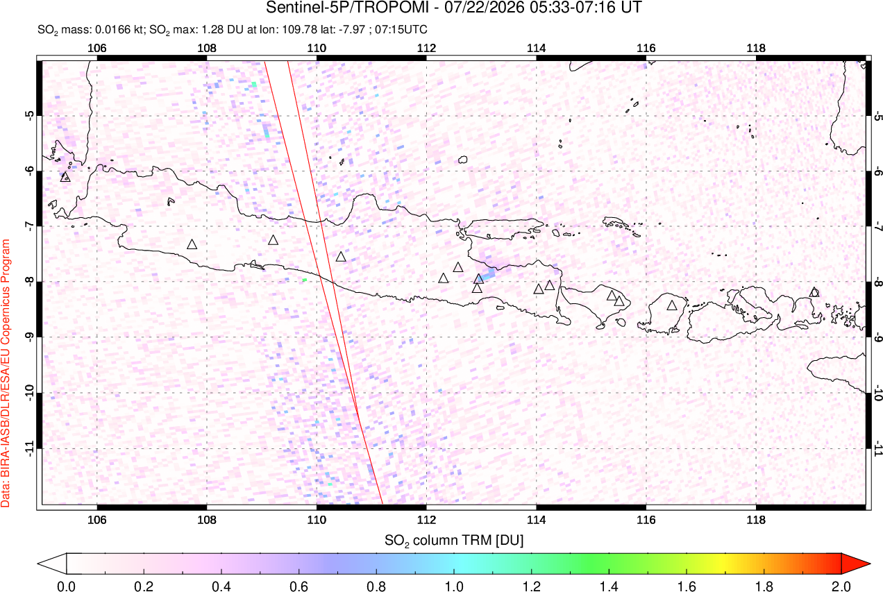 A sulfur dioxide image over Java, Indonesia on Jul 22, 2026.