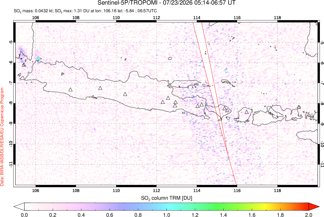 A sulfur dioxide image over Java, Indonesia on Jul 23, 2026.