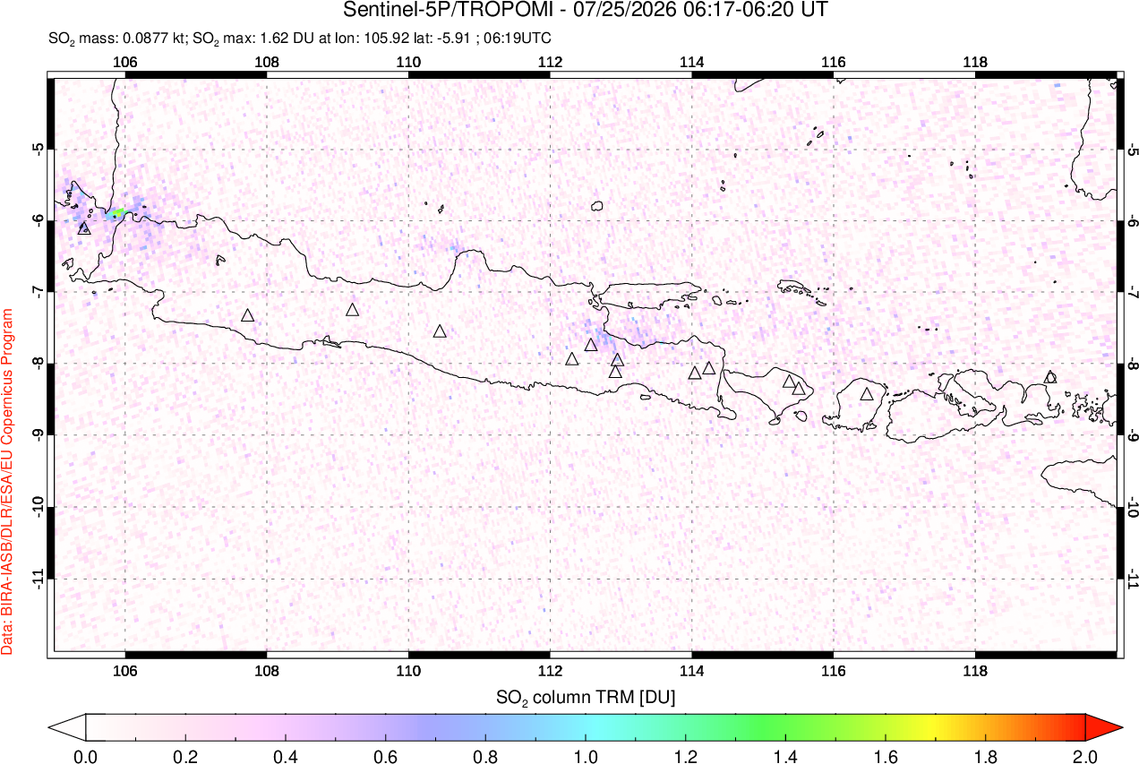 A sulfur dioxide image over Java, Indonesia on Jul 25, 2026.