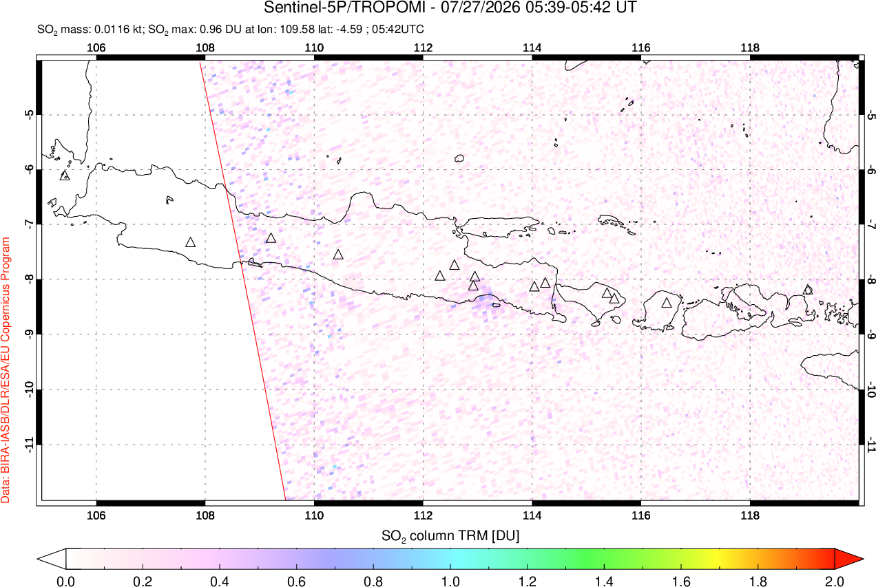 A sulfur dioxide image over Java, Indonesia on Jul 27, 2026.