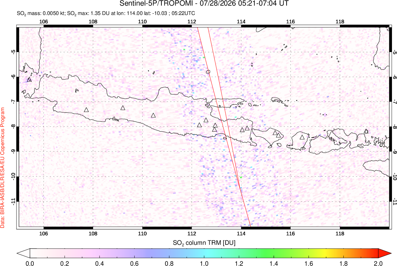 A sulfur dioxide image over Java, Indonesia on Jul 28, 2026.