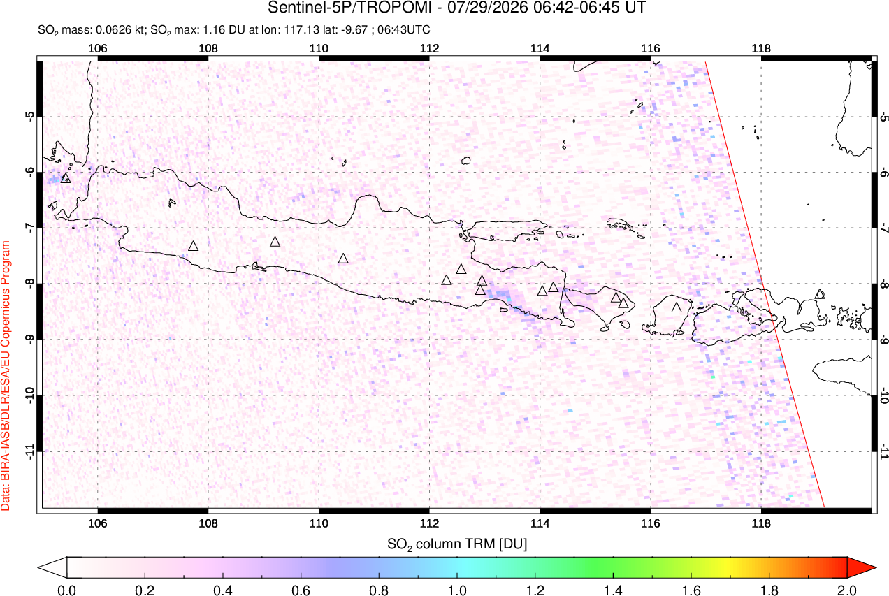 A sulfur dioxide image over Java, Indonesia on Jul 29, 2026.