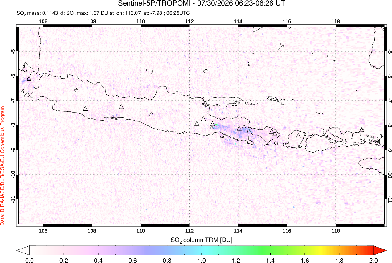 A sulfur dioxide image over Java, Indonesia on Jul 30, 2026.