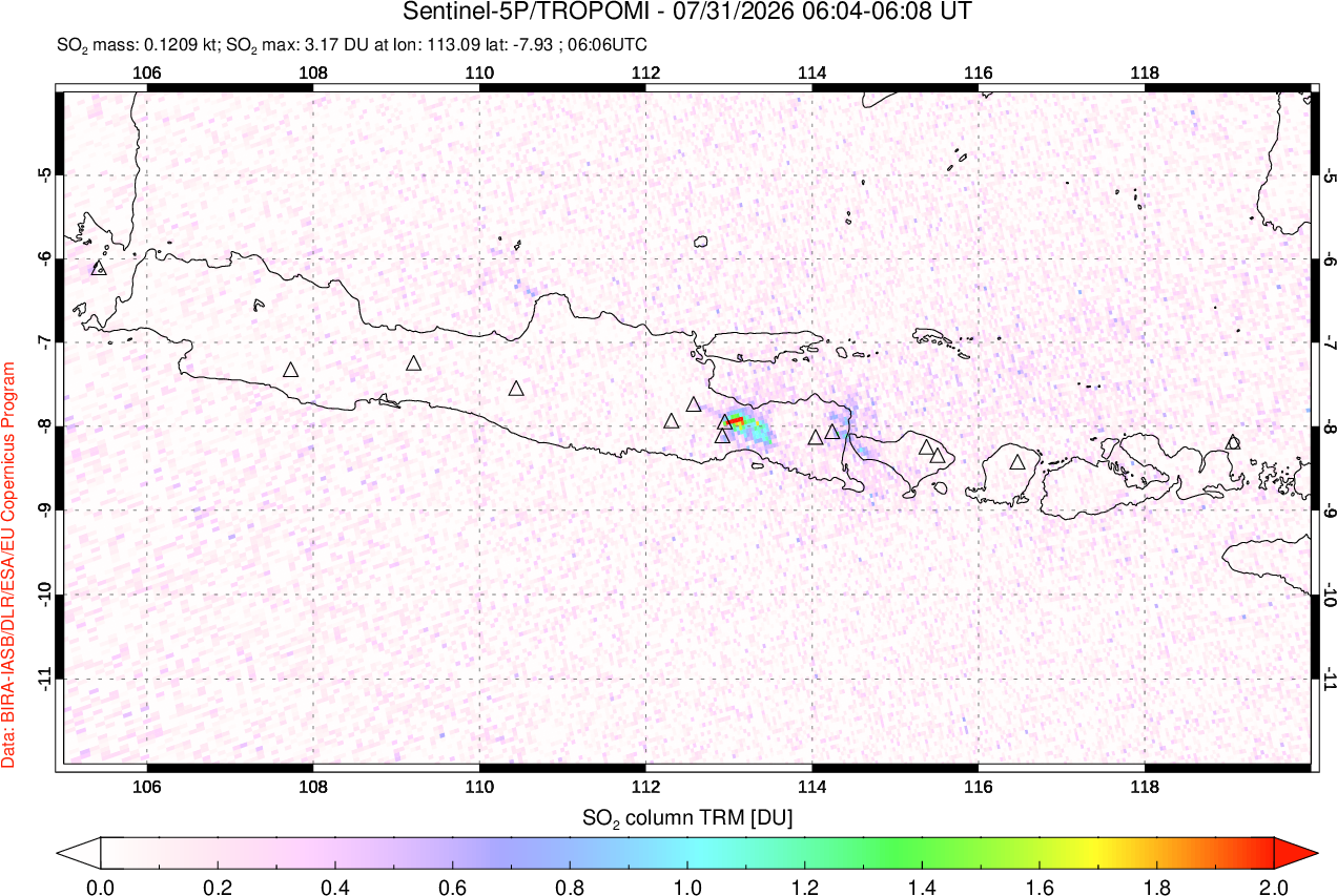 A sulfur dioxide image over Java, Indonesia on Jul 31, 2026.