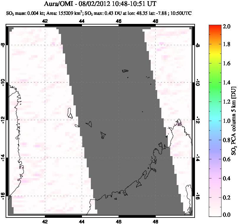 A sulfur dioxide image over Comoro Islands on Aug 02, 2012.