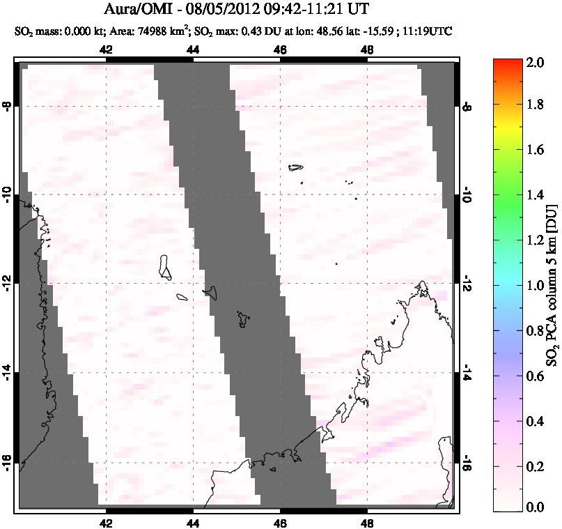 A sulfur dioxide image over Comoro Islands on Aug 05, 2012.