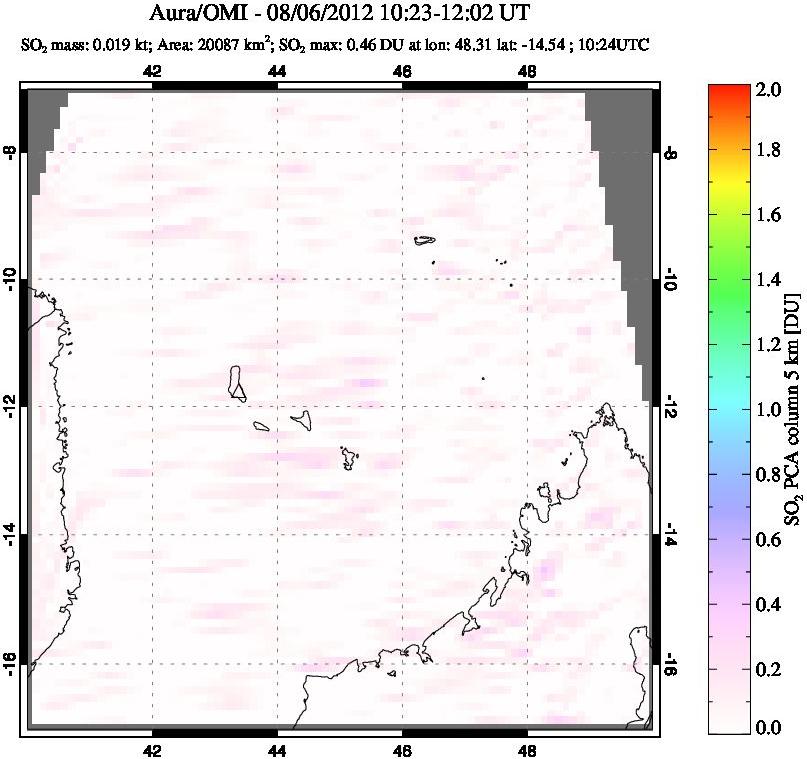A sulfur dioxide image over Comoro Islands on Aug 06, 2012.