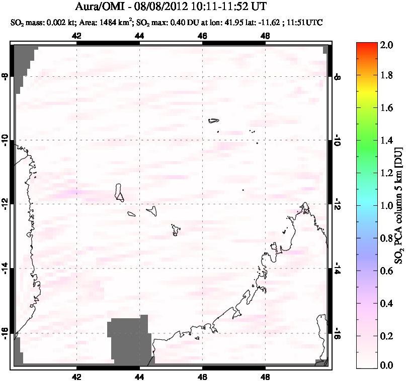 A sulfur dioxide image over Comoro Islands on Aug 08, 2012.