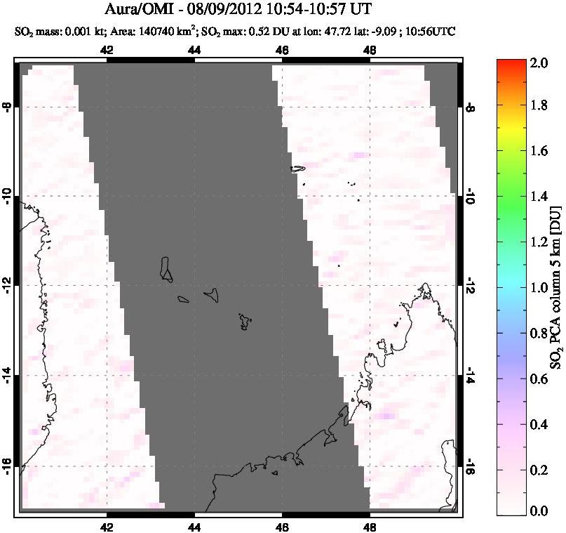 A sulfur dioxide image over Comoro Islands on Aug 09, 2012.
