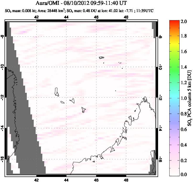 A sulfur dioxide image over Comoro Islands on Aug 10, 2012.