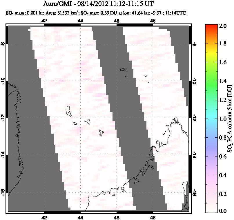 A sulfur dioxide image over Comoro Islands on Aug 14, 2012.