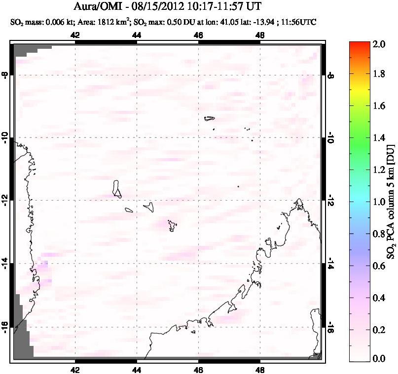A sulfur dioxide image over Comoro Islands on Aug 15, 2012.