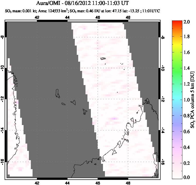 A sulfur dioxide image over Comoro Islands on Aug 16, 2012.