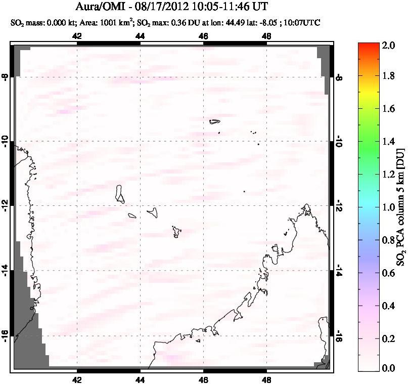 A sulfur dioxide image over Comoro Islands on Aug 17, 2012.