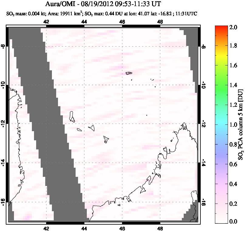 A sulfur dioxide image over Comoro Islands on Aug 19, 2012.