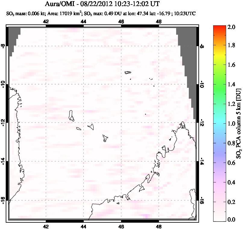 A sulfur dioxide image over Comoro Islands on Aug 22, 2012.