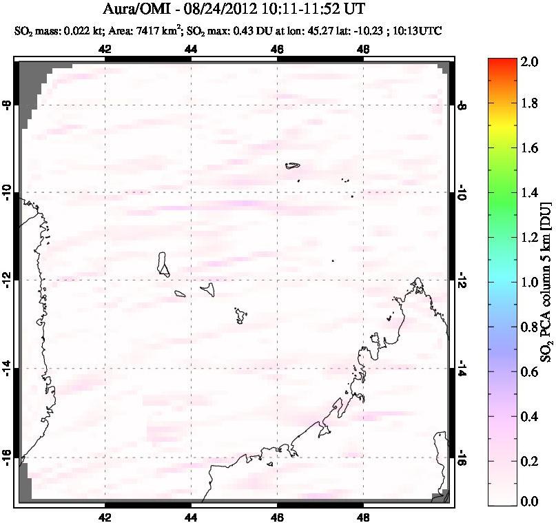 A sulfur dioxide image over Comoro Islands on Aug 24, 2012.